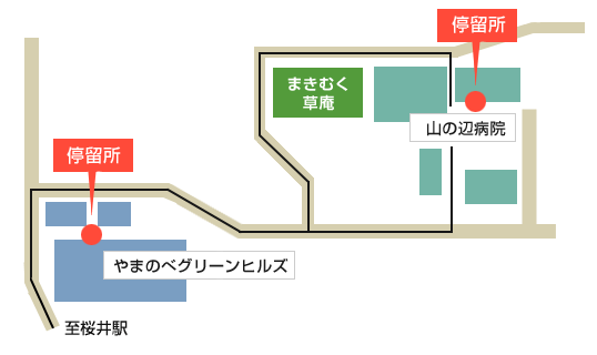 まきむく草庵周辺の停留所場所